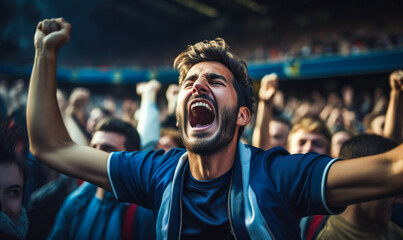 Exhilarated crowd of football/soccer fans cheering passionately in a stadium, expressing intense emotion and support during a thrilling football match