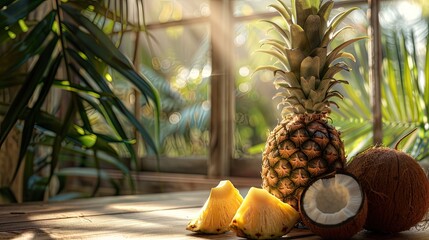 natural light to bring out the texture and color of the pineapple and coconut. The table is placed near a window or outdoors to highlight the attractiveness of the fruit. - obrazy, fototapety, plakaty
