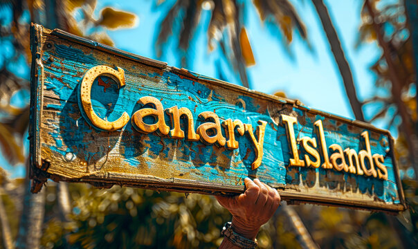 Hands holding a rustic Canary Islands sign against a backdrop of vibrant palm trees, capturing the essence of a tropical paradise destination