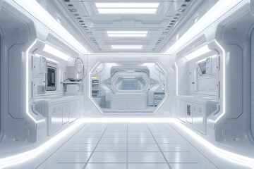futuristic clean white space station style interior of kitchen room. Neural network generated image. Not based on any actual scene or pattern.
