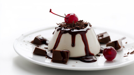 Tempting delicious traditional Italian desert vanilla panna cotta with chocolat sause and topped with glace cherry
