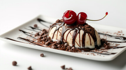 Tempting delicious traditional Italian desert vanilla panna cotta with chocolat sause and topped with glace cherry