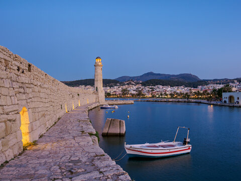 Lighthouse at the Old Venetian Port, dusk, City of Rethymno, Rethymno Region, Crete