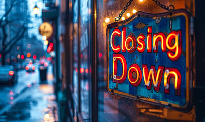Illuminated Closing Down sign hanging in a storefront window at dusk, signaling the end of business operations, with city lights blurred in the background - obrazy, fototapety, plakaty