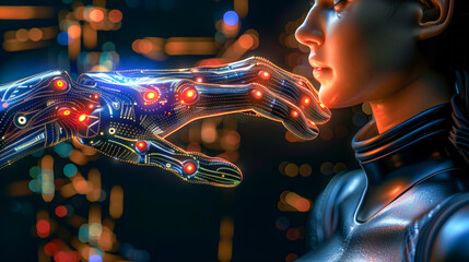 Illustration of human machine android artificial inteligence interaction and connection, cyborg human romance