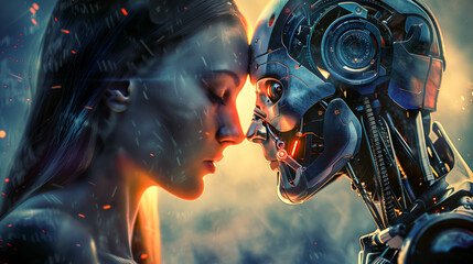 Illustration of human machine android artificial inteligence interaction and connection, cyborg human romance