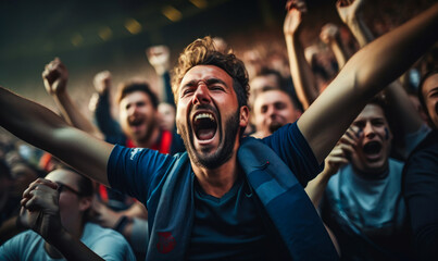 Exhilarated crowd of football/soccer fans cheering passionately in a stadium, expressing intense emotion and support during a thrilling football match