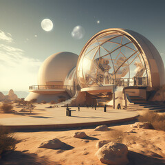 Ancient observatory with futuristic telescopes. - obrazy, fototapety, plakaty