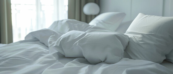 Serene scene of an unmade bed with soft morning light.
