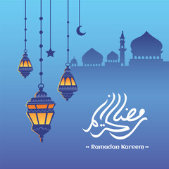 Ramadan islamic greeting card decorative editable vector background with lantern, silhouette of mosque, arabic calligraphy text translation: "Ramadan Kareem means Generous Ramadan".
