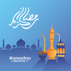 Ramadan islamic greeting card editable vector background with lantern, dates fruit, arab teapot, silhouette of mosque, arabic calligraphy text translation:  "Ramadan Kareem means Generous Ramadan"