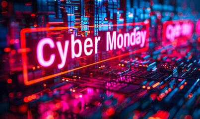 Futuristic neon sign of Cyber Monday amidst digital data channels, symbolizing the high-tech online shopping holiday in a virtual space