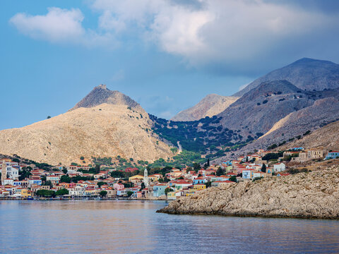 View towards Chalki Village, Emporio, Halki Island, Dodecanese