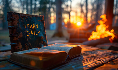 Open book on a wooden table with LEARN DAILY message illuminated by a majestic sunrise, symbolizing continuous education and knowledge growth