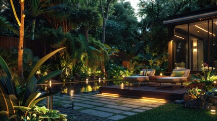 modern LED lamps for illuminating garden furniture and the surrounding area. To create a warm and cozy atmosphere, highlighting the furniture design elements.