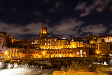 Night view of the market of Trajan - the ruins of shopping buildings on the forum of Trajan in Rome. Italy - 753645762