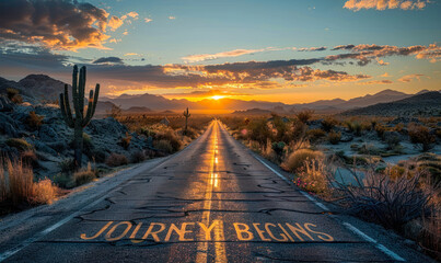 The open road through a desert at sunset with JOURNEY BEGINS written across the path, symbolizing new adventures and the start of a quest