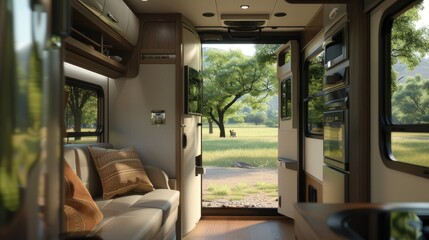 street views and open rear doors to convey the feel of an RV. Landscape and camping through the doors highlight the connection between comfort and outdoor adventure.