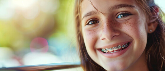 Young girl with braces smiling brightly, eyes sparkling with youthful joy.