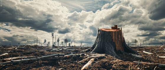 Single tree stump in a barren landscape under dramatic sky, conveying solitude. - obrazy, fototapety, plakaty
