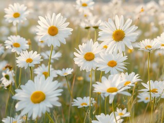 Close-up of a blooming daisy field bathed in the warm golden light of the setting sun, conveying tranquility and natural beauty.