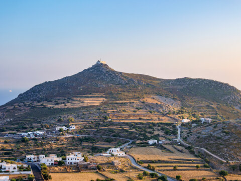 View towards the hill with Prophet Elias Church, Patmos Island, Dodecanese