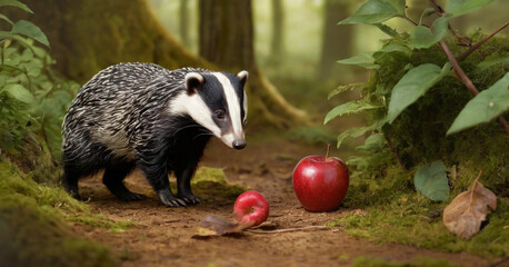 A badger in a natural forest setting. The badger has distinctive black and white fur and is walking on a path covered with dried leaves. Sunlight filters through the dense trees.