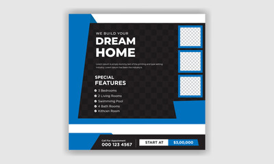 Real estate social media post design. Marketing social media post banner design.  Home sale Instagram post template.