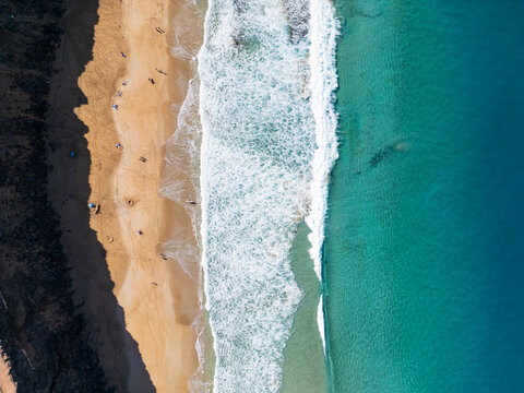 Aerial View of Sandy Beach and Waves in Fuerteventura
