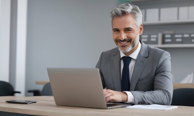 Smiling man,looking handsome in business suit, sits at table with laptop in office .Promotional materials for business seminars, workshops ,conferences to convey corporate and educational theme