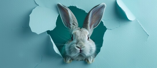 Happy easter background with bunny. rabbit with hole on blue background. a white rabbit looking out a hole