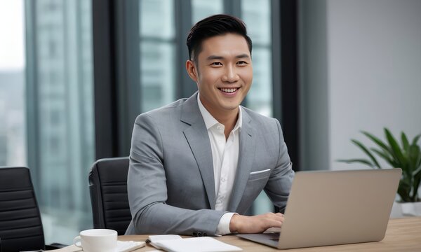 Asian smiling young man working with laptop in office.Banner of a company's website,profile picture on LinkedIn,business-related blog or magazine.