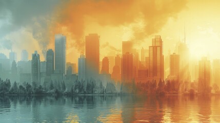 A digital graphic illustrating a city during various climate events (heatwave, flood, smog) to demonstrate heightened occurrence.