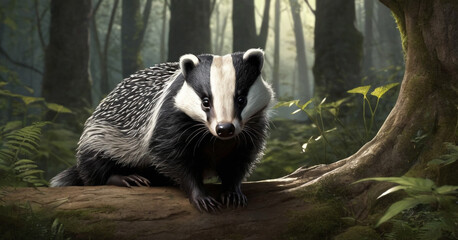 A badger in a natural forest setting. The badger has distinctive black and white fur and is walking on a path covered with dried leaves. Sunlight filters through the dense trees. - obrazy, fototapety, plakaty