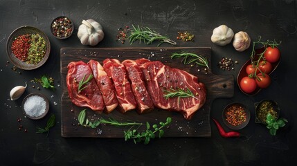 Meat steak and seasoning ingredients in an aesthetically pleasing composition. Close-up of the texture and marbling of a fresh raw Prime Black Angus rump steak.