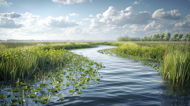 A digital graphic of a coastal buffer zone with engineered ecosystems to protect inland areas.