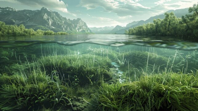 A digital illustration depicts a coastal buffer zone with engineered ecosystems safeguarding inland regions.