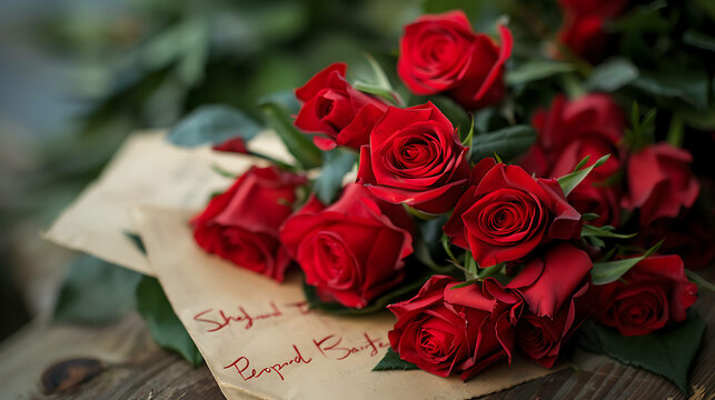 A beautiful bouquet of red roses on a wooden table. The roses are arranged in a perfect circle.
