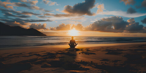 Naklejka premium a girl meditates in the lotus position against the backdrop of the sea and sunset, A woman does yoga on the beach against the backdrop of sunse