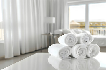 several folded white rag towels lie on the table against the background of the room, clean white towels