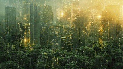 A digital graphic of a dense forest gradually turning into an urban cityscape to illustrate deforestation.