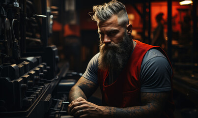 Brutal tattoed male with long beard and tattoo on his arm dressed in red vest sits at the table in the gym