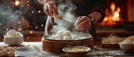 a chef preparing steaming dumplings in a rustic kitchen with a warm, dimly lit background