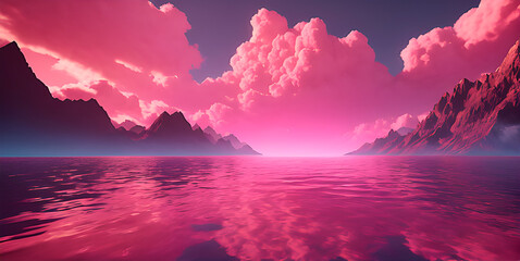 Dreamy pink landscape with a lake under pink clouds in 3d render style. Can be used as background. Serene scenery.