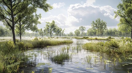A digital graphic of a floodplain being restored to its natural state to mitigate flood risks.