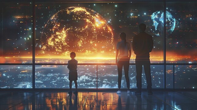 A family views a digital graphic of the Earth's climate change over decades on a screen.