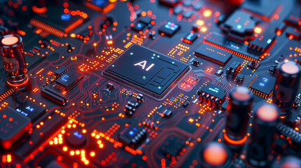 A stylized digital representation of an electronic circuit board with a prominent central chip labeled 'AI'. It exudes a futuristic ambiance with neon orange and blue lights that trace the paths of co