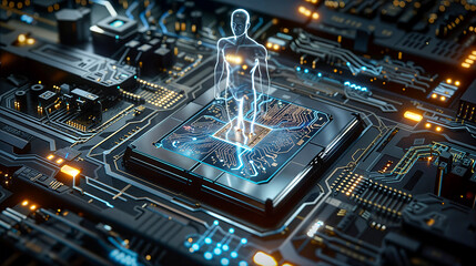 A human figure in a glowing outline, ascending from the central processing unit of a densely packed circuit board. The figure is composed of pure, radiant energy, symbolizing the rise of intelligence. - Powered by Adobe