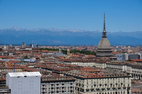 Cityscape featuring the iconic landmark Mole Antonelliana building named after its architect, Alessandro Antonelli, Turin, Piedmont, Italy
