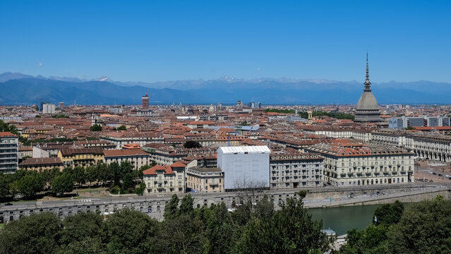 Cityscape from the Monte dei Cappuccini, a hill rising about 200 meters from the right bank of the River Po, in the Borgo Po district, Turin, Piedmont, Italy